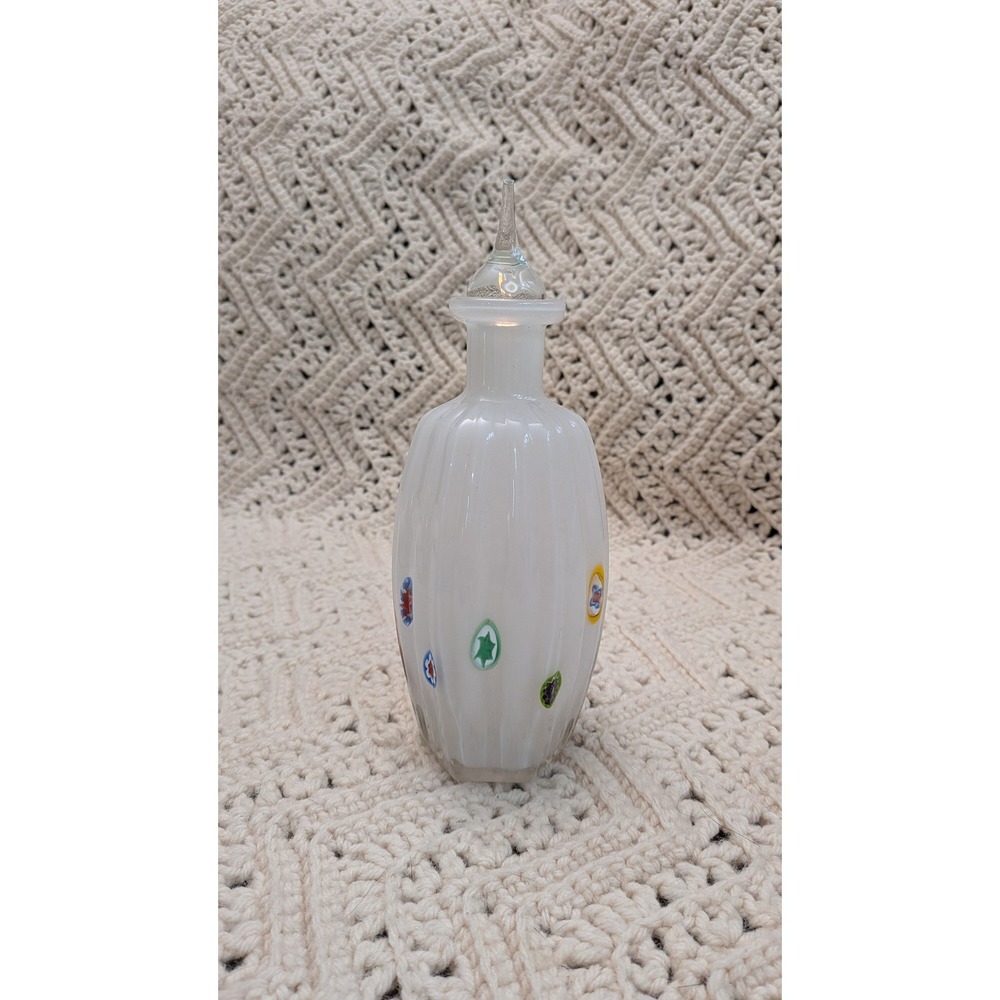 Vintage White Opaline Millefiori Art Glass Perfume Bottle Vase with Stopper